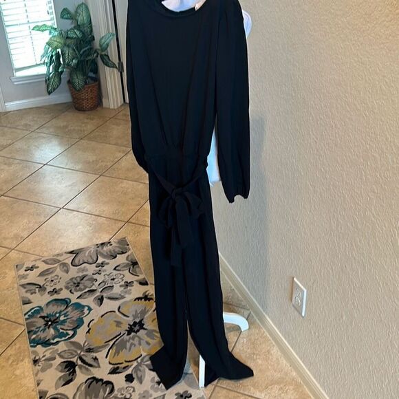 Nikki Lund Size L Long Sleeve Belted Jumpsuit Solid Black Relaxed Fit Minimalist - Picture 6 of 9